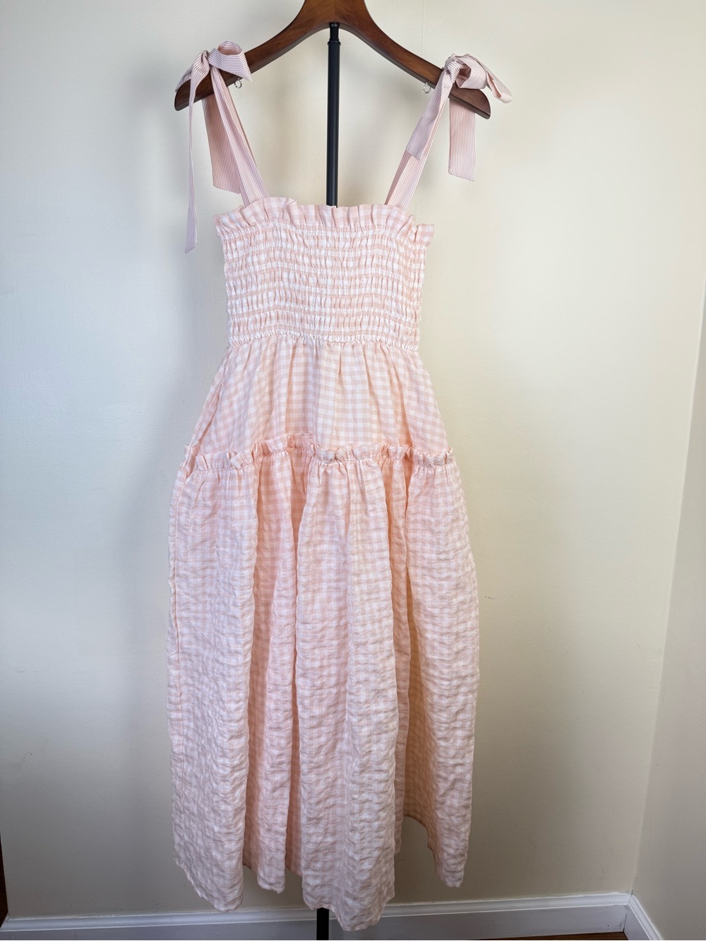 Mable Womens Midi Dress Small Blush Smocked Ruffle Seersucker Plaid Check Boho‎ - Picture 3 of 16